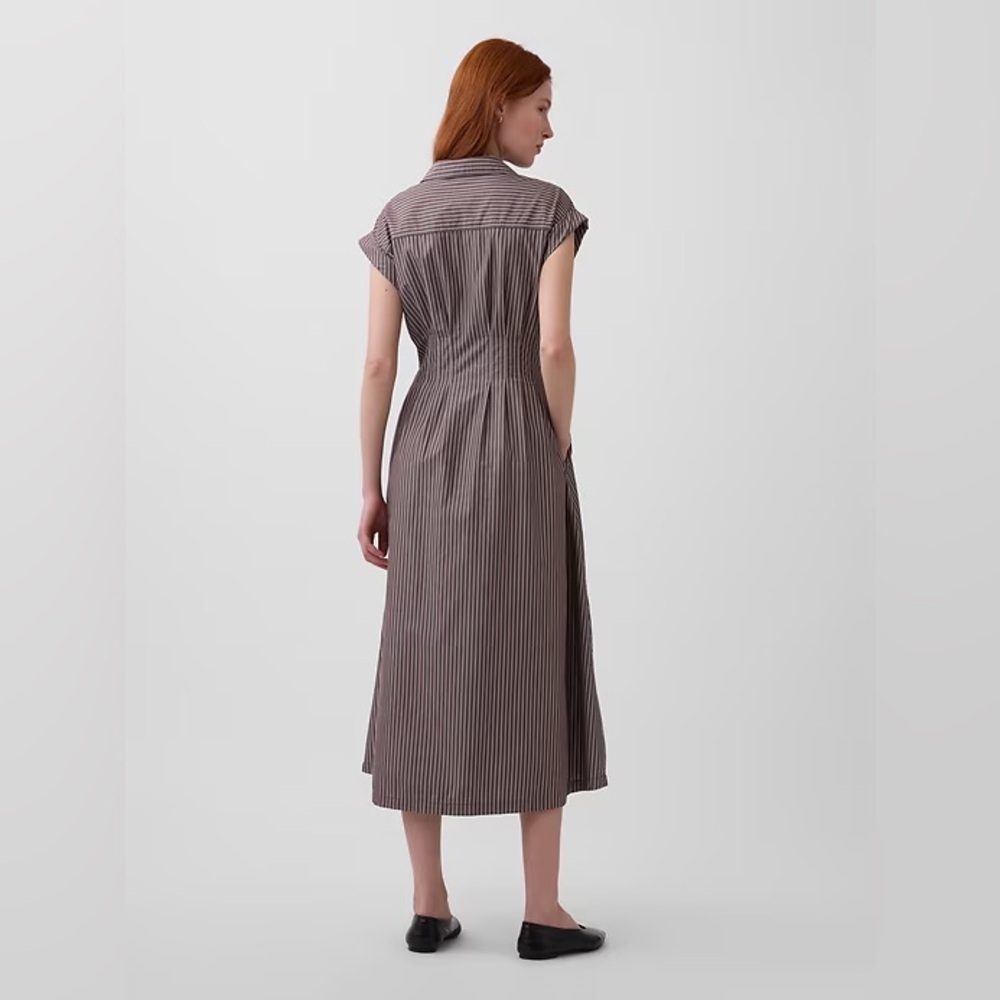 Gap Poplin Cinched Midi Shirtdress - Brown Stripe - Size M Tall - Picture 3 of 6